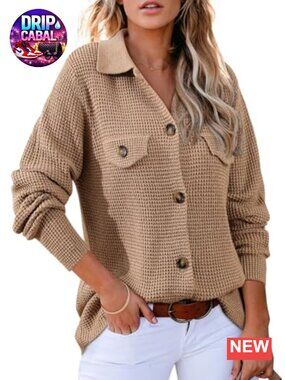 Waffle Knit Cardigan Shacket Long Sleeve Button Down Sweater with V-Neck